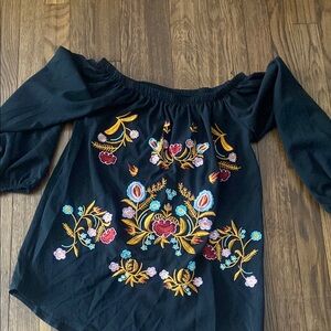 Embroidered  boho floral Off-Shoulder Black Top